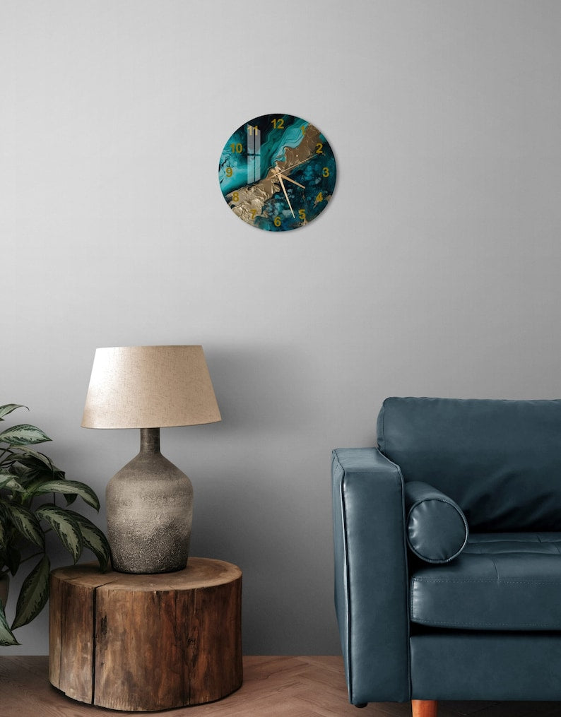 Teal Blue and Gold Glass Wall Clock
