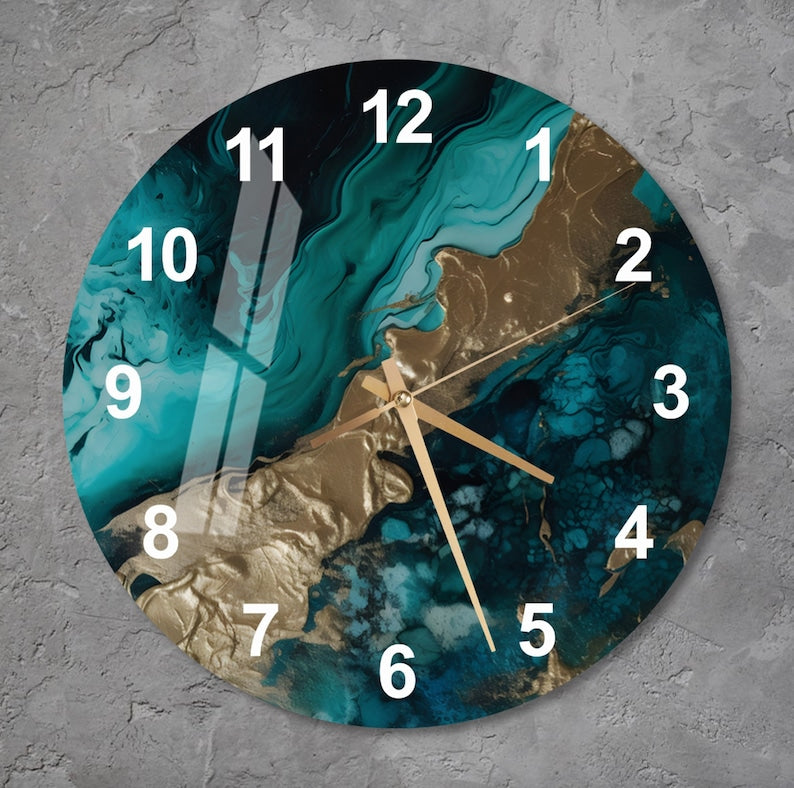Teal Blue and Gold Glass Wall Clock
