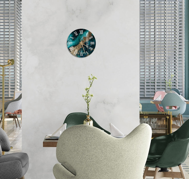 Teal Blue and Gold Glass Wall Clock