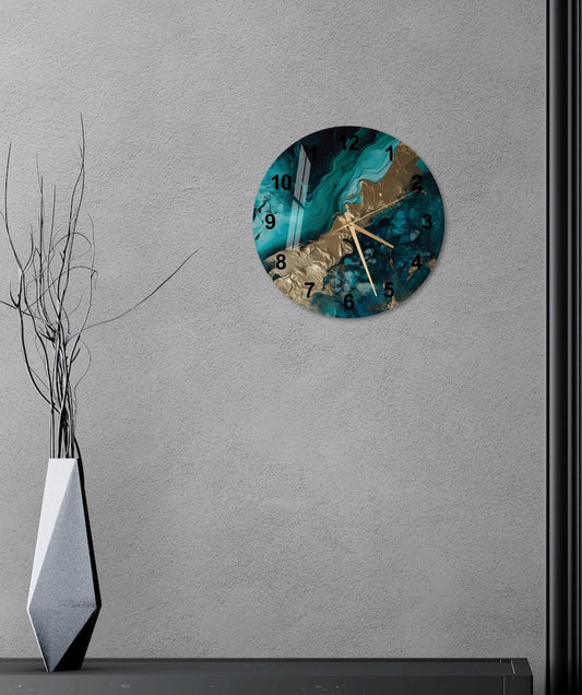 Teal Blue and Gold Glass Wall Clock