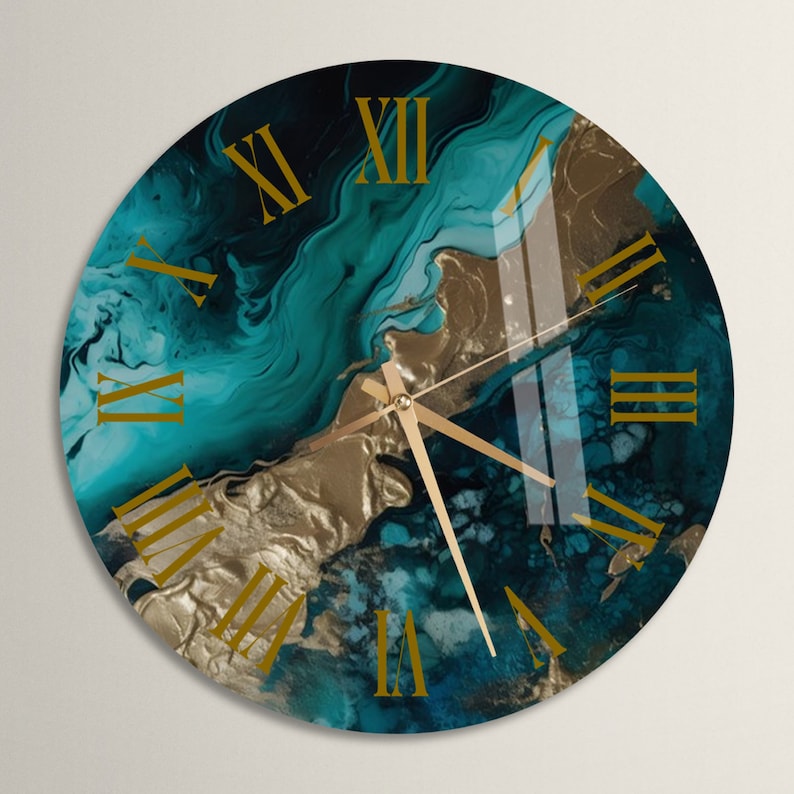 Teal Blue and Gold Glass Wall Clock